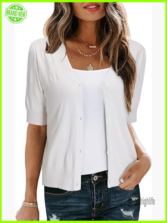 Sweaters - Lightweight Cropped Short Sleeve Cardigan, V-Neck Button Down, Soft Knit